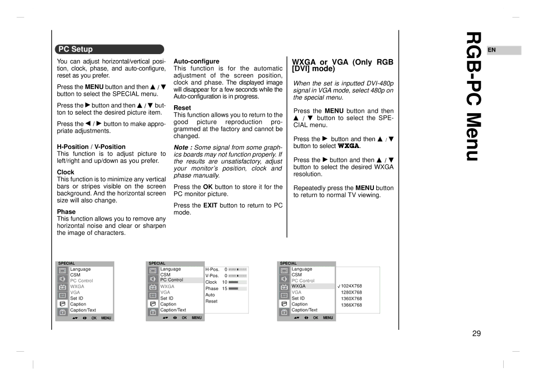 Kreisen KR-370T owner manual RGB-PC Menu, PC Setup, Wxga or VGA Only RGB DVI mode 