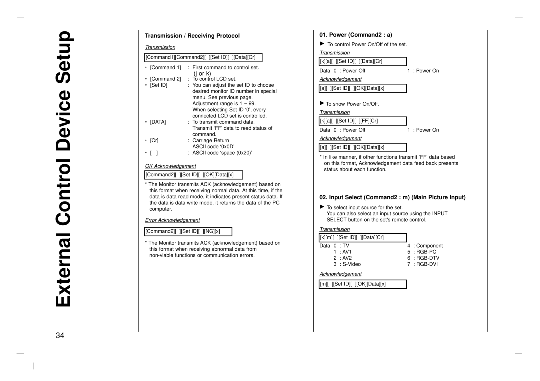 Kreisen KR-370T Transmission / Receiving Protocol, Power Command2 a, Input Select Command2 m Main Picture Input 