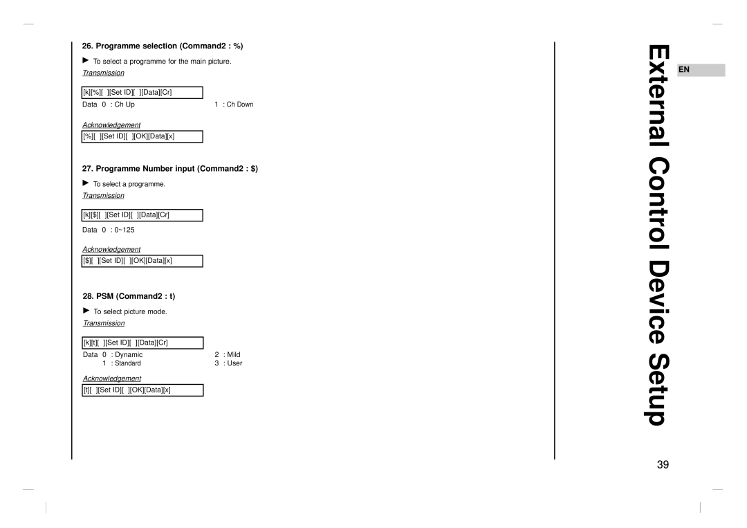 Kreisen KR-370T owner manual Programme selection Command2 %, Programme Number input Command2 $, PSM Command2 t 