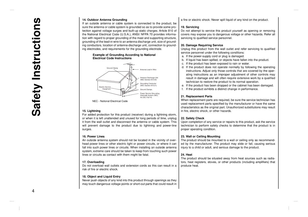 Kreisen KR-370T owner manual Safety Instructions, Outdoor Antenna Grounding 