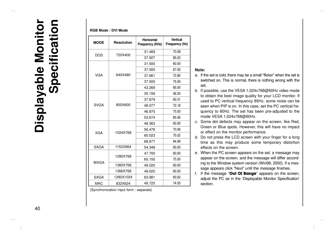 Kreisen KR-370T owner manual Displayable Monitor Specification, RGB Mode / DVI Mode, Resolution 