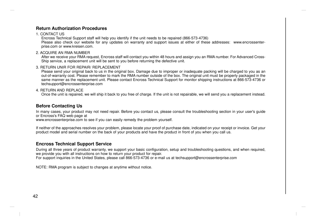 Kreisen KR-370T owner manual Return Authorization Procedures, Before Contacting Us, Encross Technical Support Service 