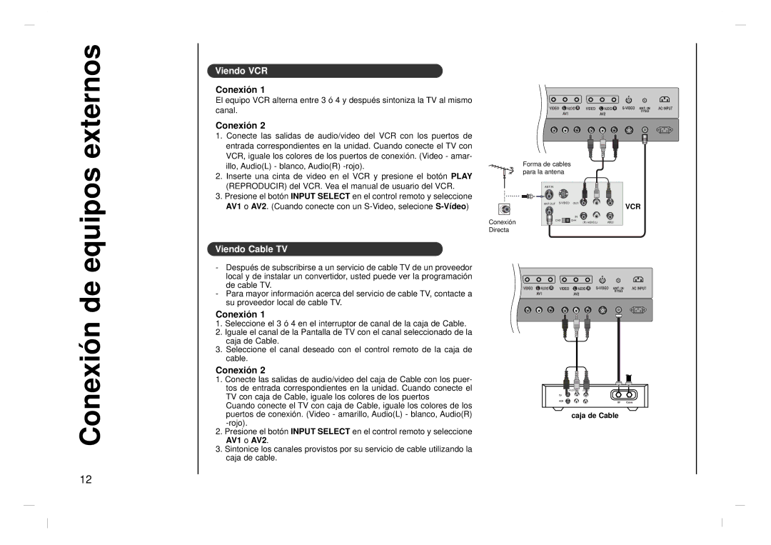 Kreisen KR-370T owner manual Externos, Conexión de, Viendo VCR, Viendo Cable TV 