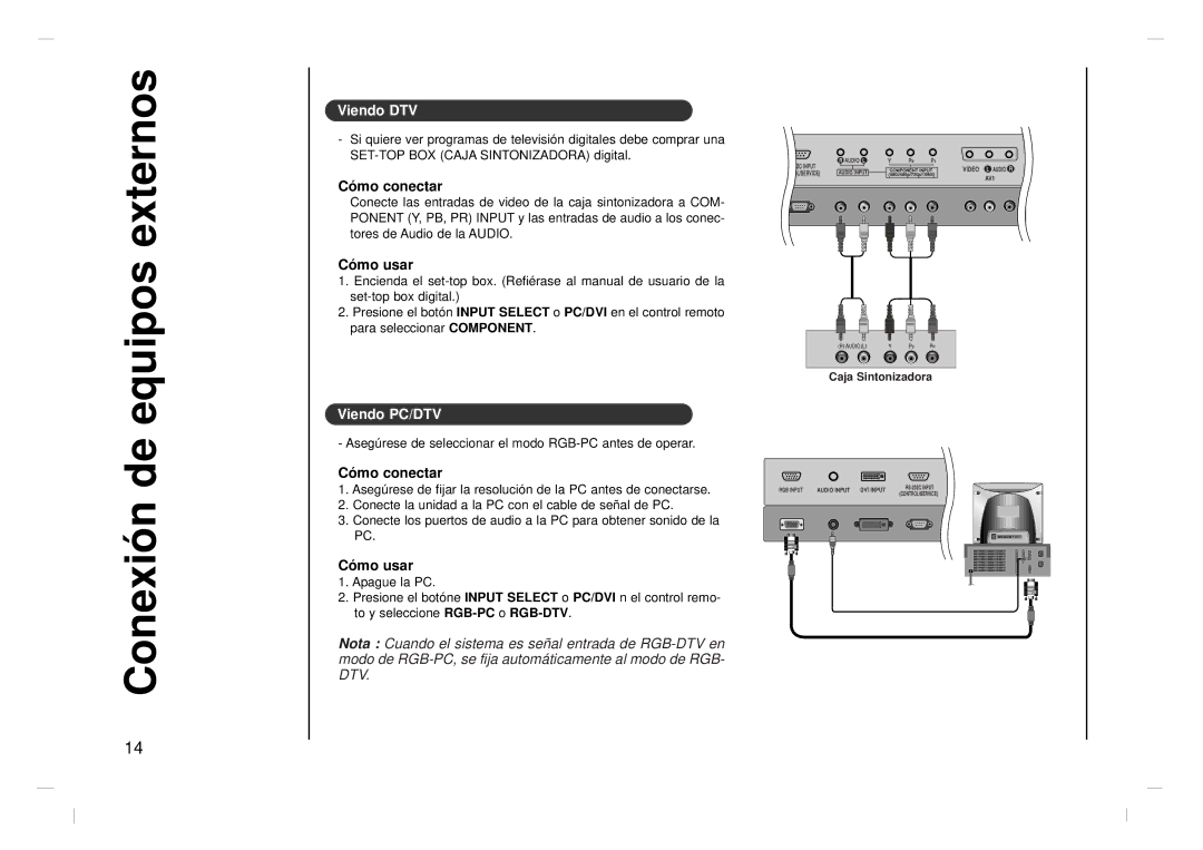 Kreisen KR-370T owner manual Conexión de equipos externos, Viendo DTV, Viendo PC/DTV 