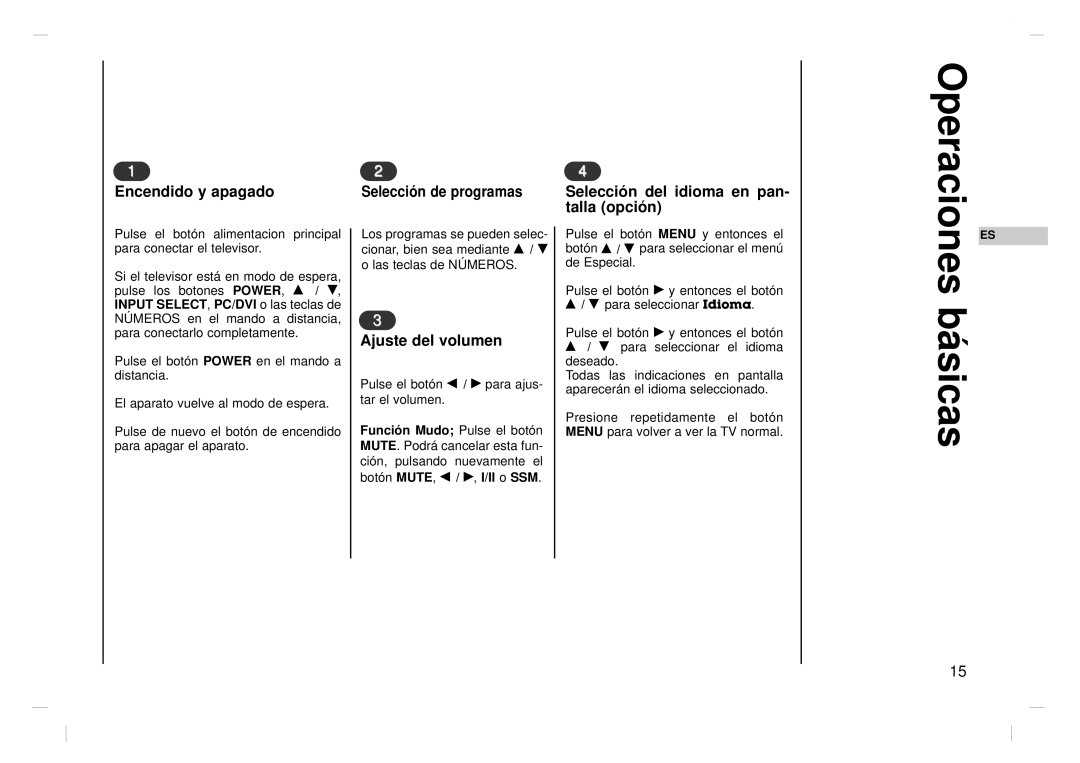 Kreisen KR-370T Operaciones básicas, Encendido y apagado, Selección del idioma en pan, Talla opción, Ajuste del volumen 