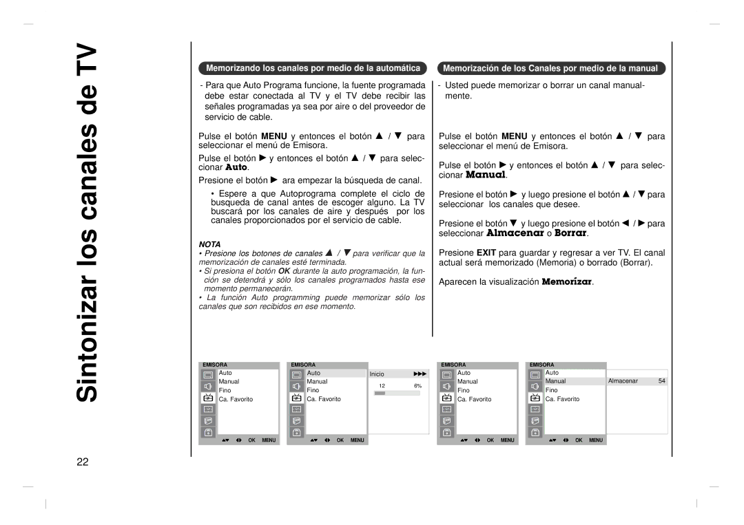 Kreisen KR-370T owner manual Sintonizar los canales de TV, Memorizando los canales por medio de la automática 