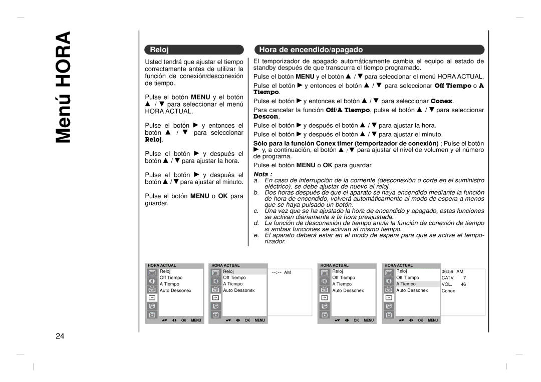 Kreisen KR-370T owner manual Menú Hora, Reloj, Hora de encendido/apagado 