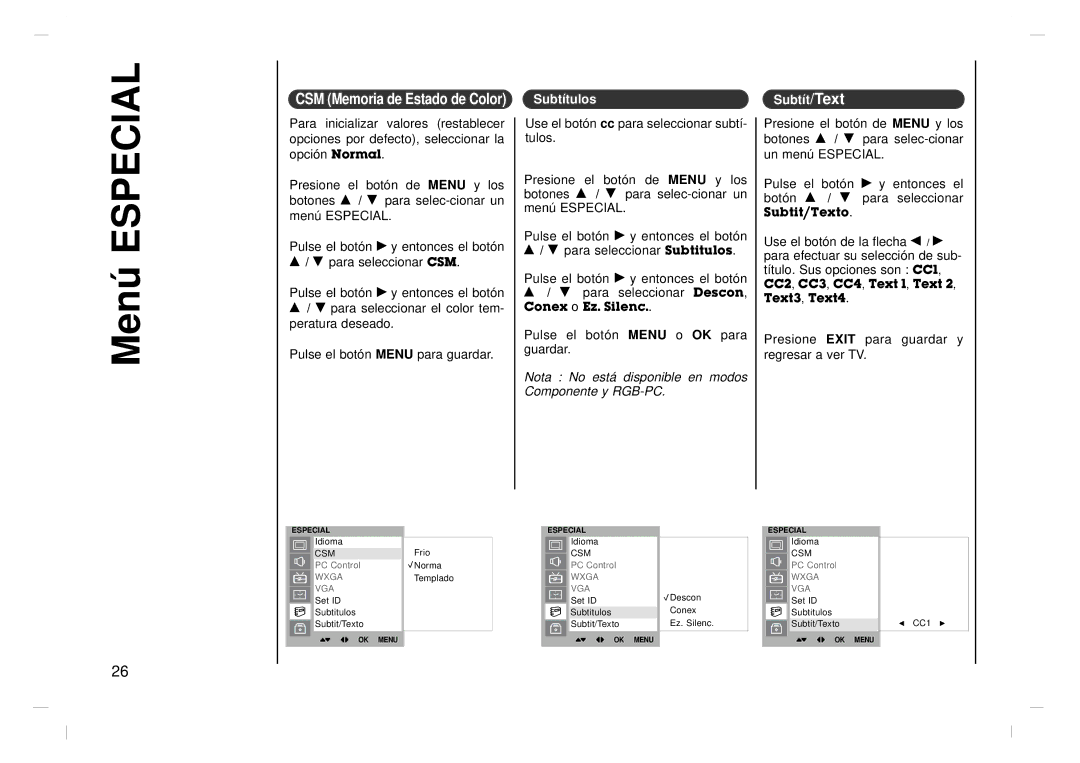 Kreisen KR-370T owner manual Menú Especial, Subtítulos Subtít/Text 