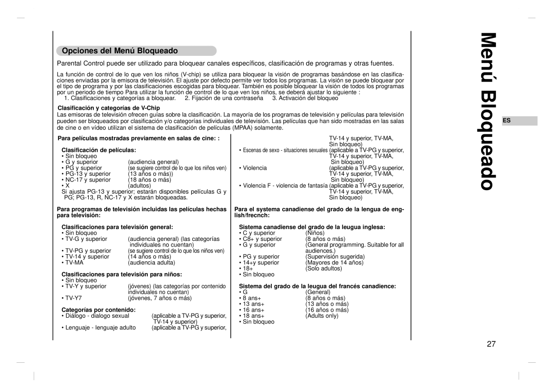 Kreisen KR-370T owner manual Opciones del Menú Bloqueado, Clasificación y categorías de V -Chip, Categorías por contenido 