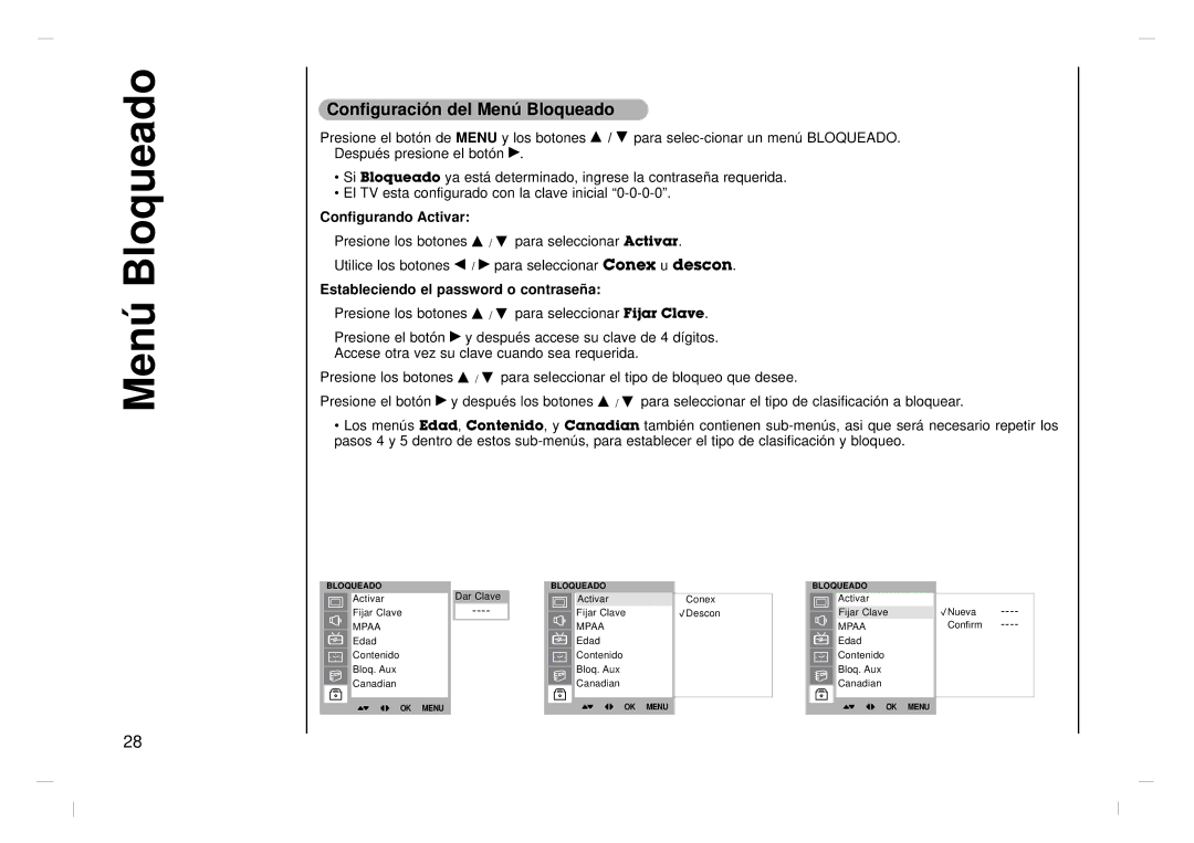 Kreisen KR-370T Configuración del Menú Bloqueado, Configurando Activar, Estableciendo el password o contraseña 