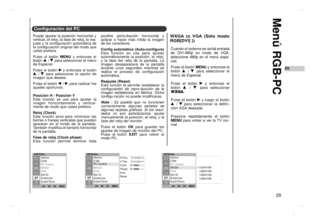 Kreisen KR-370T owner manual Configuración del PC, Wxga o VGA Sólo modo Rgbdvi, Posición H / Posición, Reloj Clock 