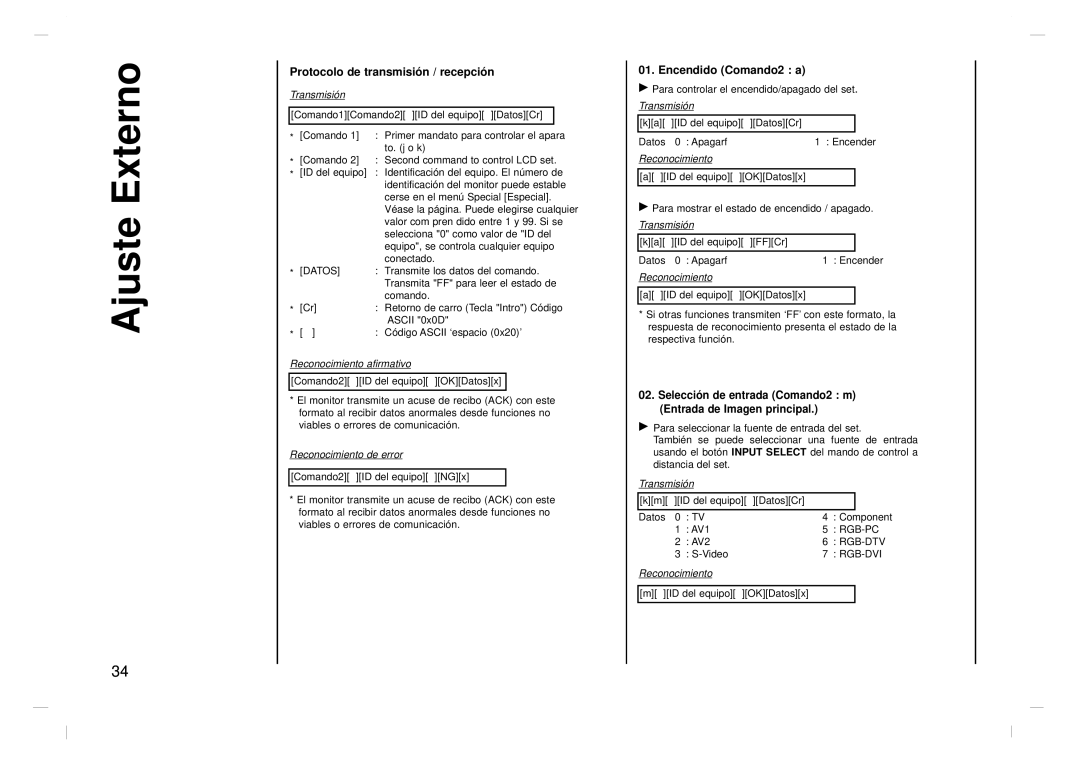 Kreisen KR-370T owner manual Protocolo de transmisión / recepción, Encendido Comando2 a 