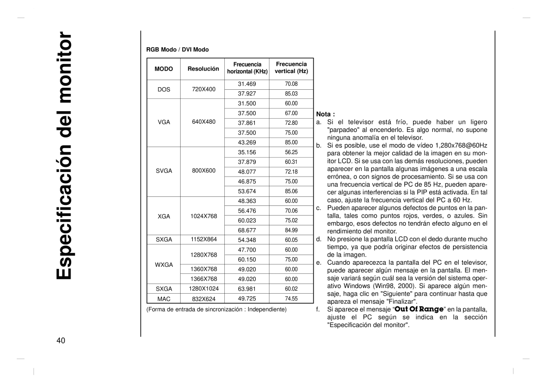 Kreisen KR-370T owner manual Especificación del monitor, Nota 