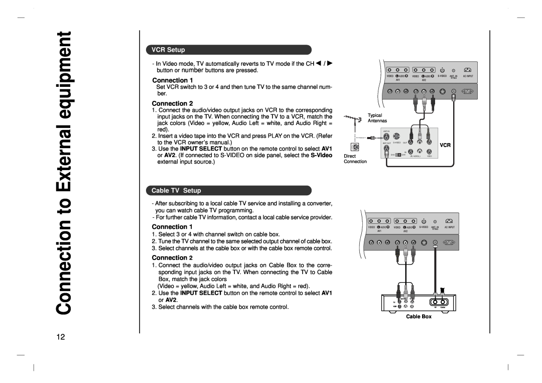 Kreisen KR-370T owner manual equipment, Connection to, External, VCR Setup, Cable TV Setup 