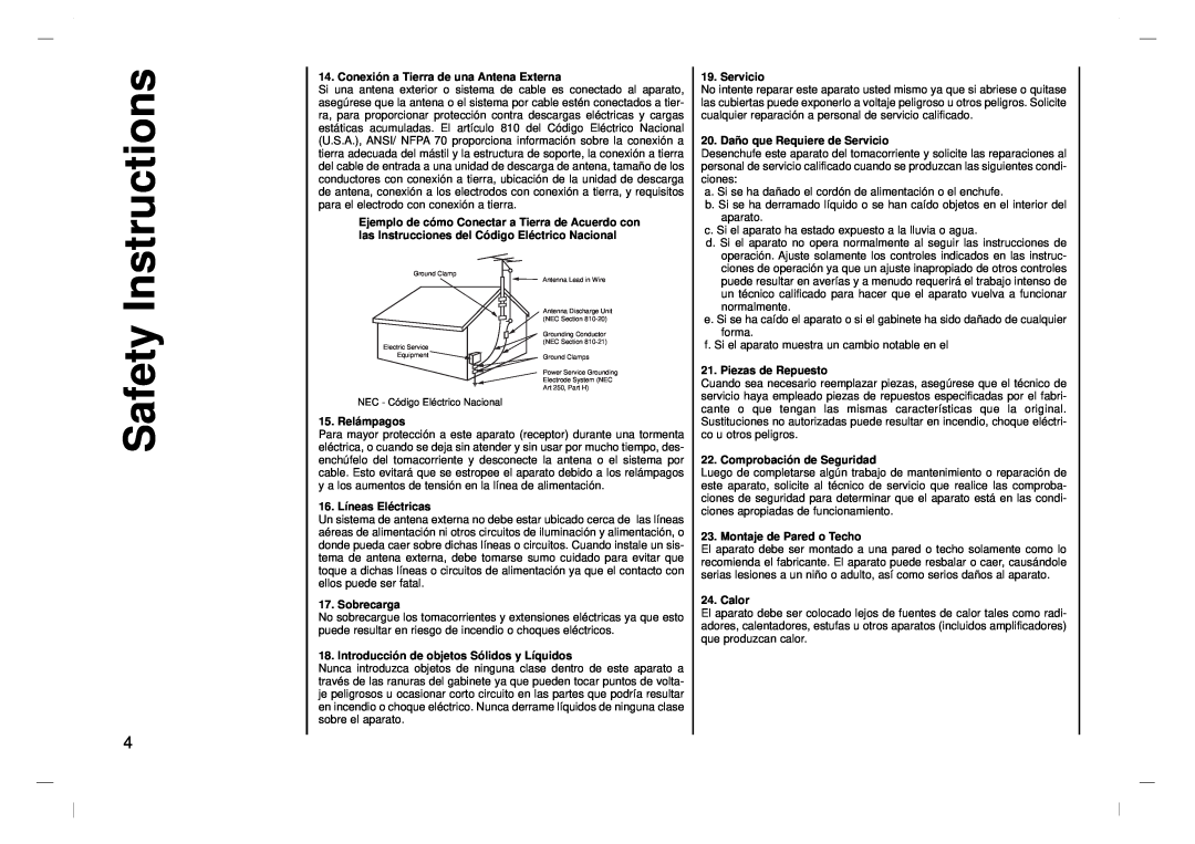 Kreisen KR-370T owner manual Safety Instructions, Conexión a T ierra de una Antena Externa 