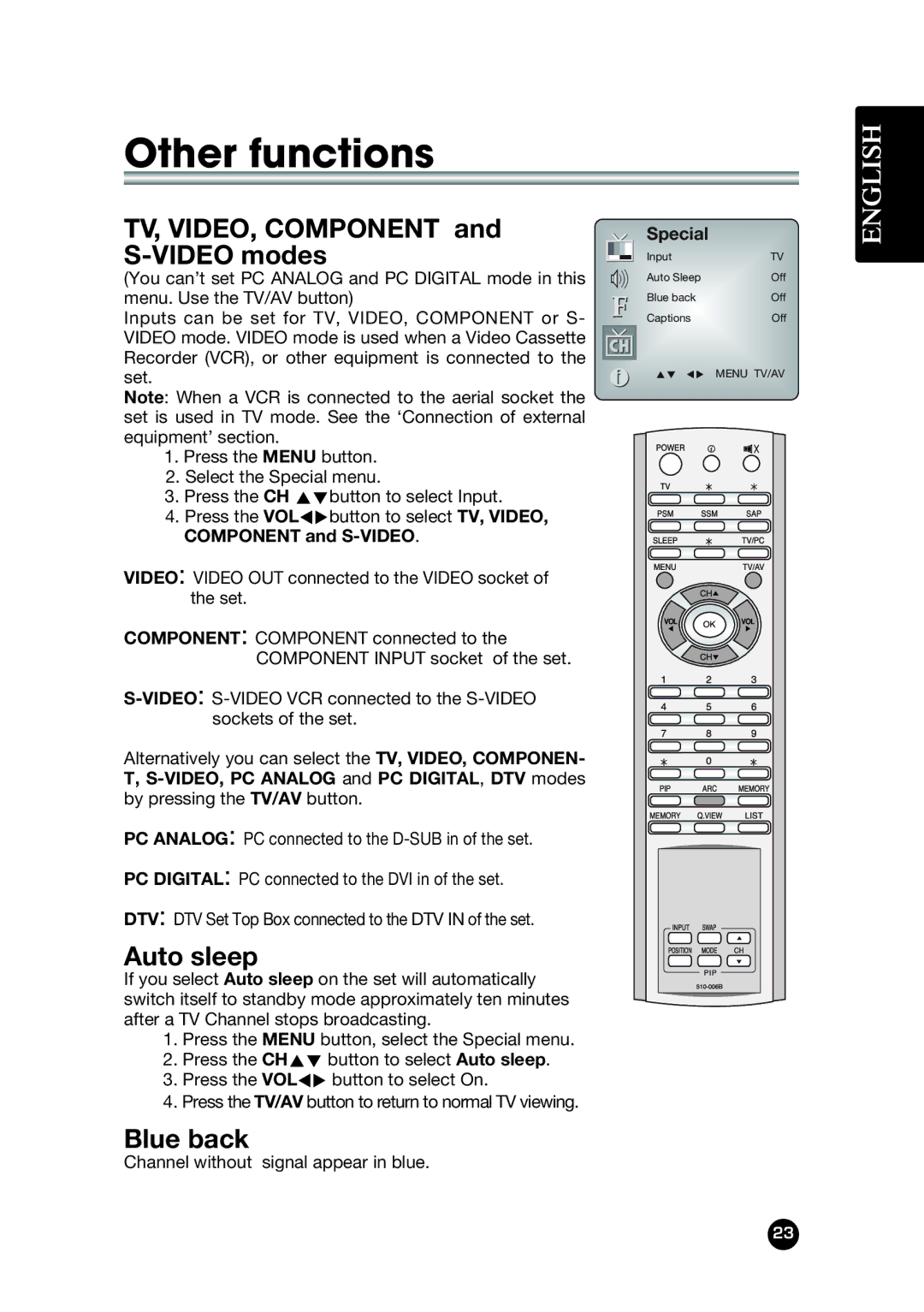 Kreisen KR-400T owner manual Other functions, TV, VIDEO, Component and S-VIDEO modes, Auto sleep, Blue back 