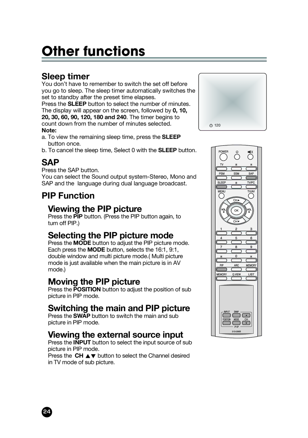 Kreisen KR-400T Sleep timer, PIP Function Viewing the PIP picture, Selecting the PIP picture mode, Moving the PIP picture 