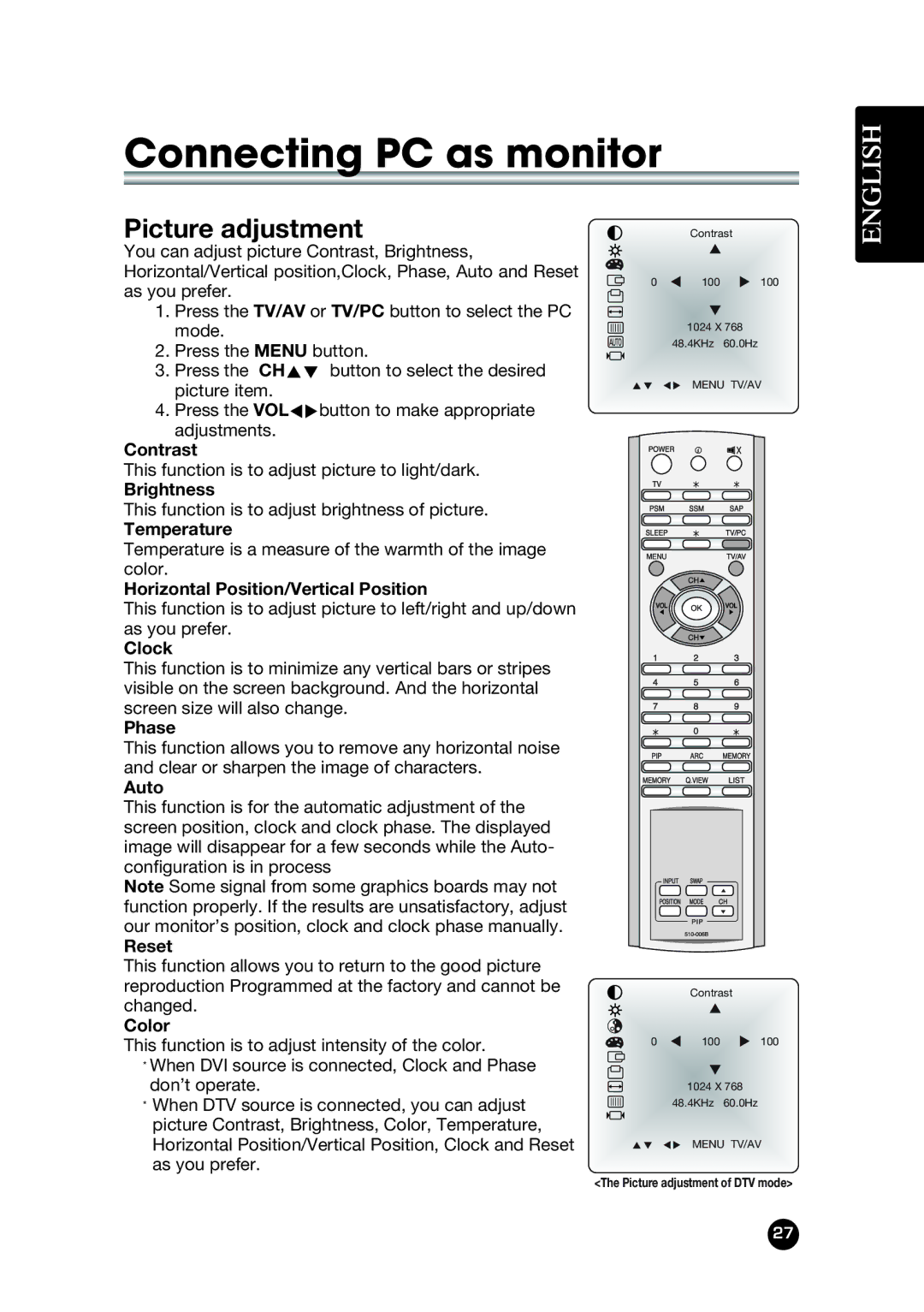 Kreisen KR-400T owner manual Connecting PC as monitor, Picture adjustment 