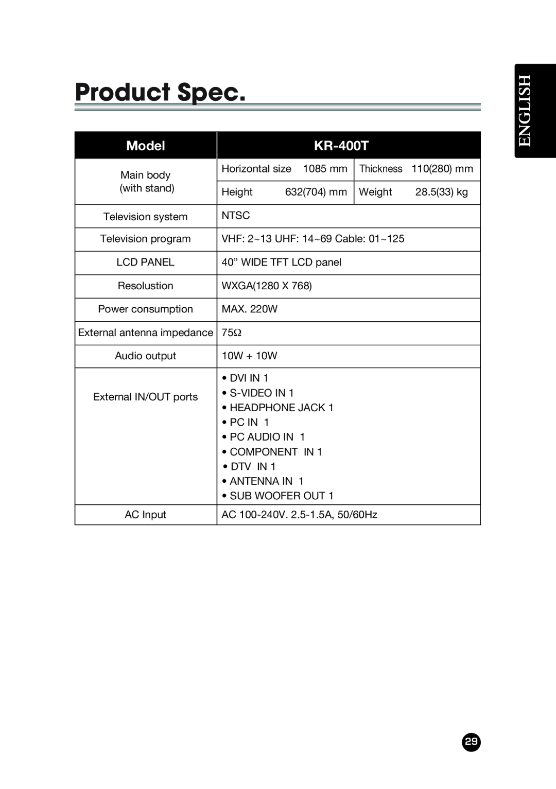 Kreisen owner manual Product Spec, Model KR-400T 