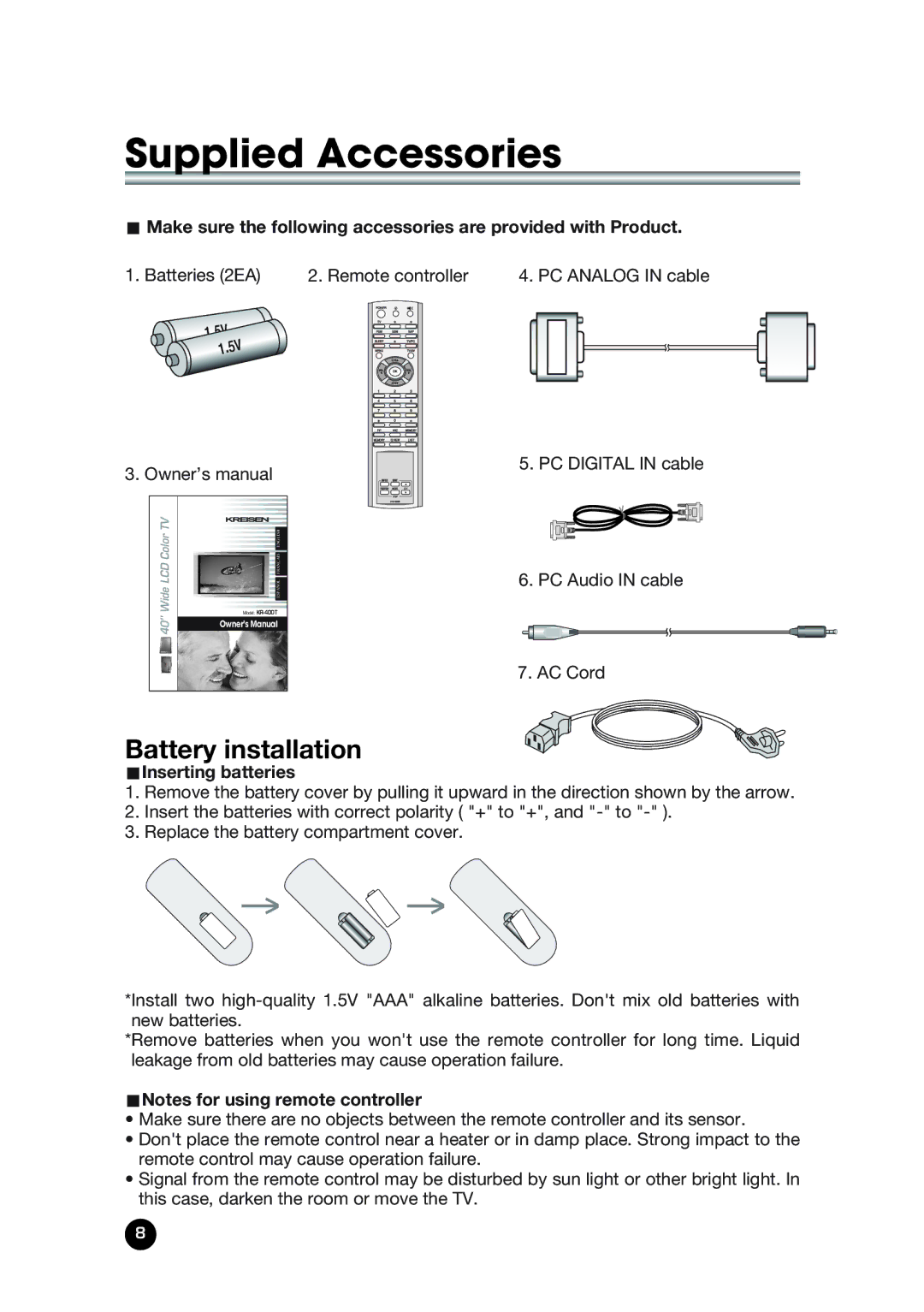 Kreisen KR-400T Supplied Accessories, Battery installation, UInserting batteries, UNotes for using remote controller 