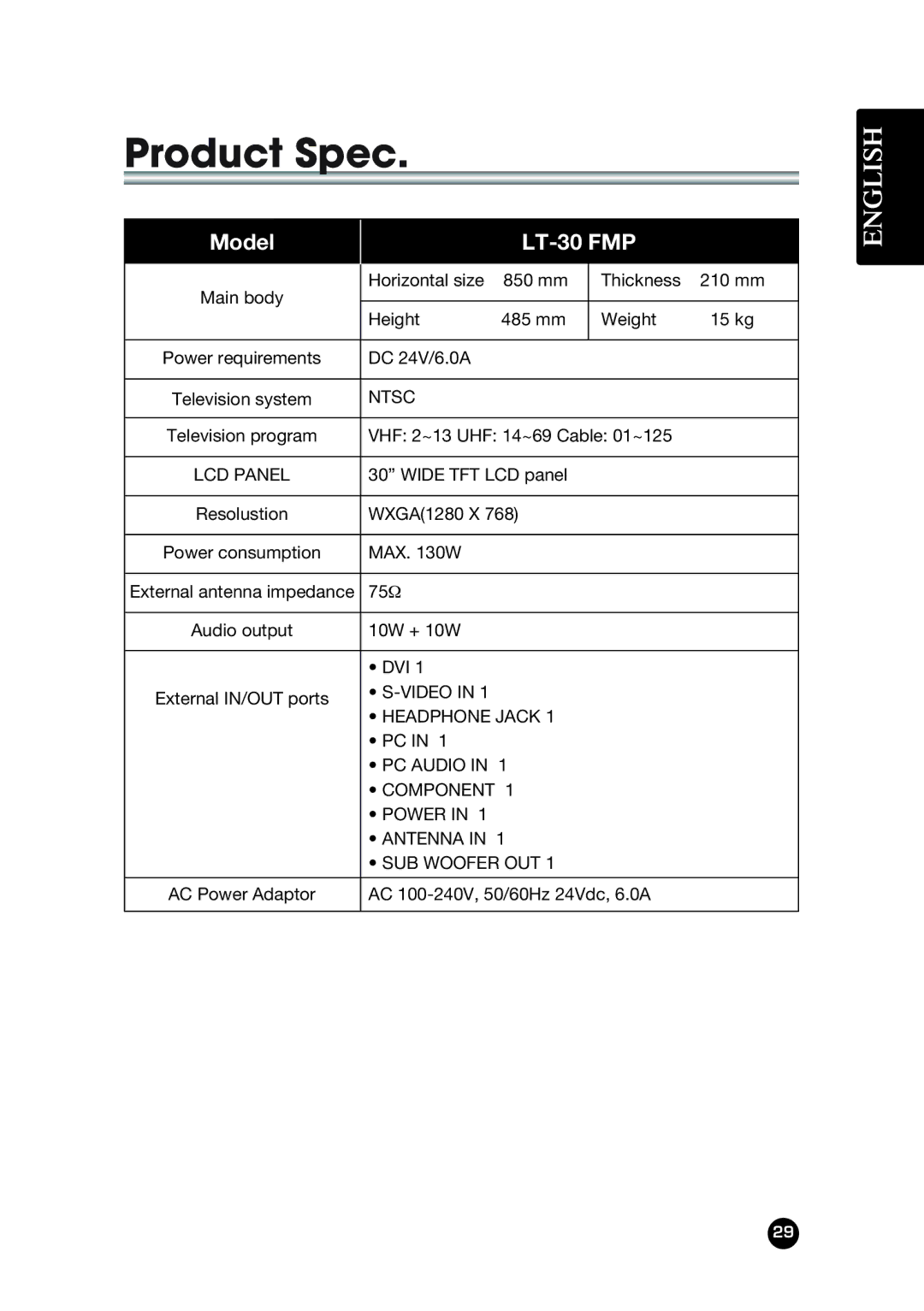 Kreisen LT-30FMP owner manual Product Spec, LT-30 FMP 