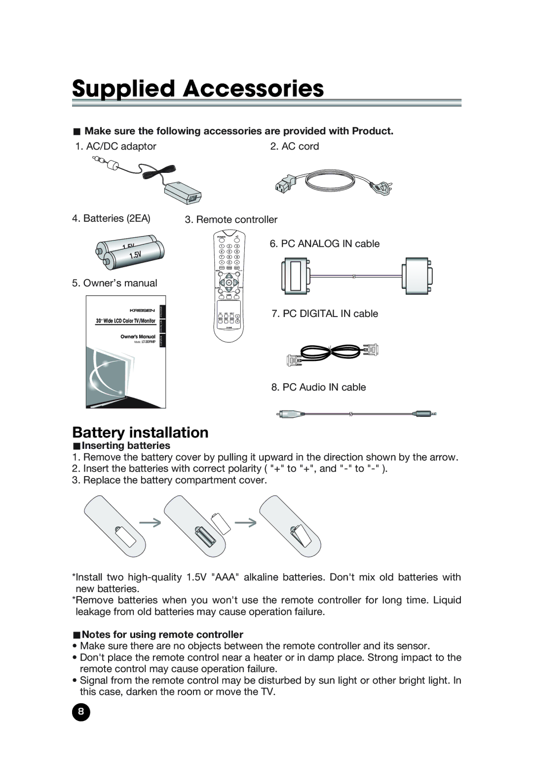 Kreisen LT-30FMP Supplied Accessories, Battery installation, UInserting batteries, UNotes for using remote controller 