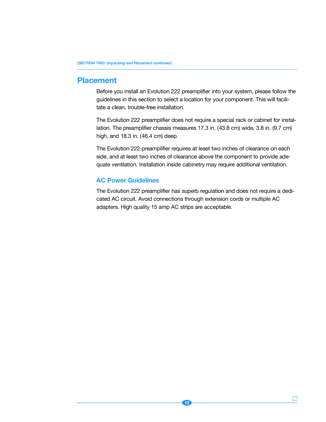 Krell Industries 222 manual Placement, AC Power Guidelines 