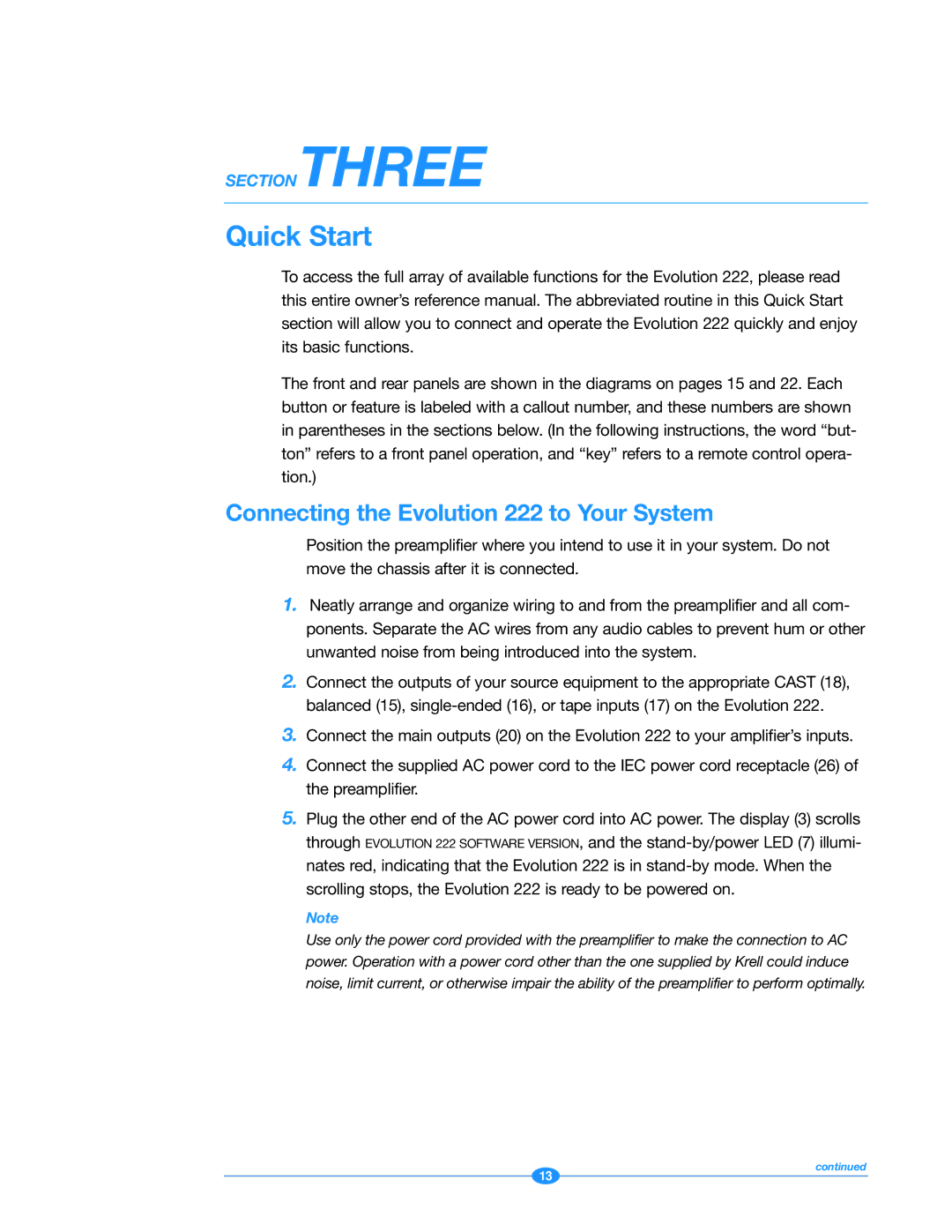 Krell Industries manual Quick Start, Connecting the Evolution 222 to Your System 