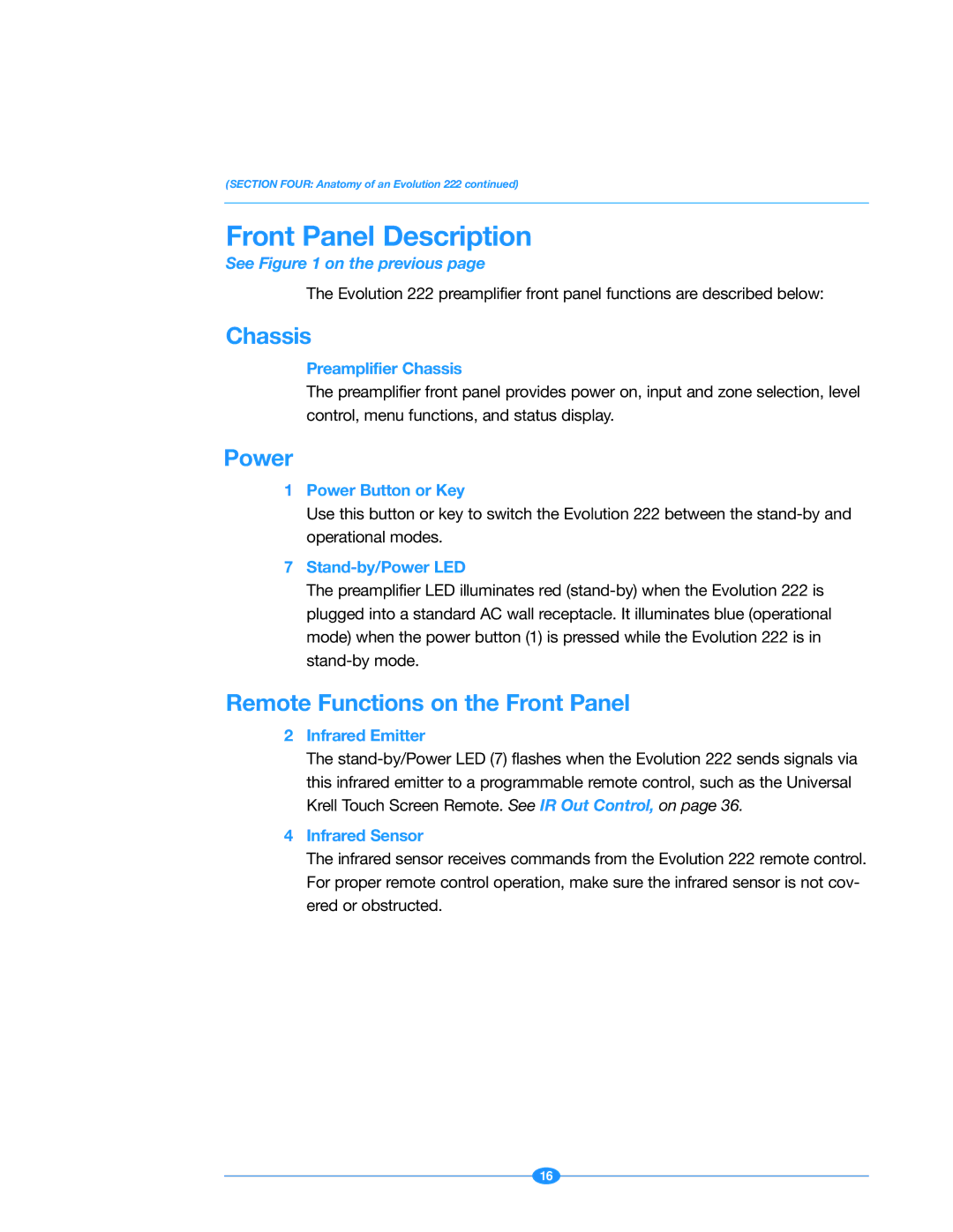 Krell Industries 222 manual Front Panel Description, Chassis, Power, Remote Functions on the Front Panel 