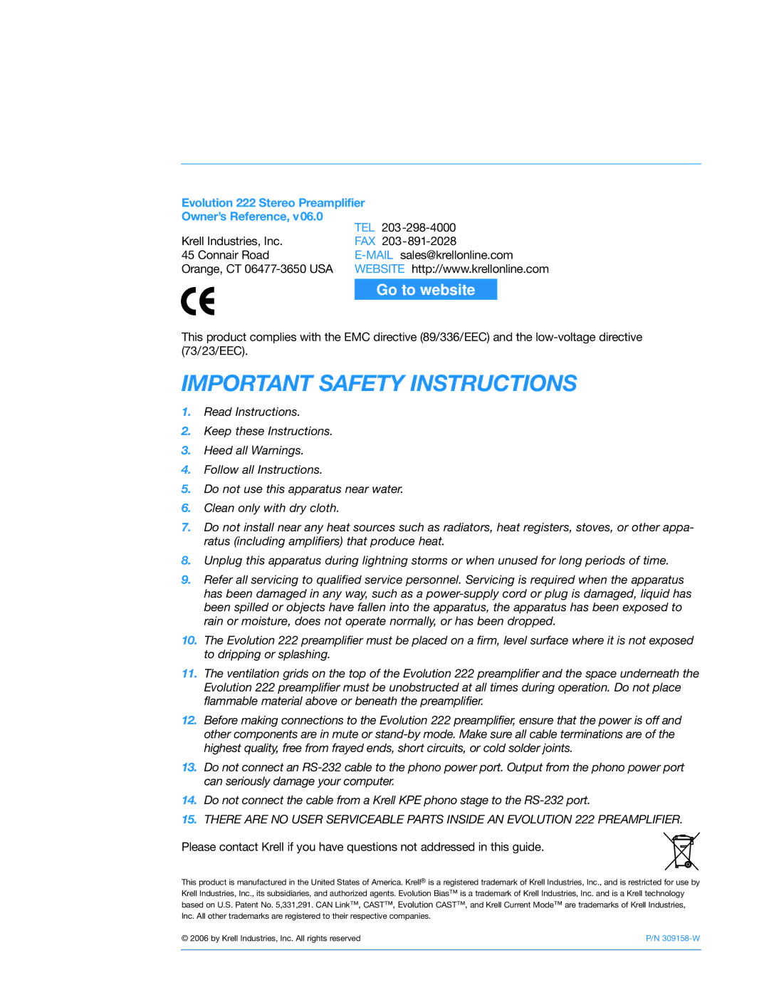 Krell Industries 222 manual Important Safety Instructions 