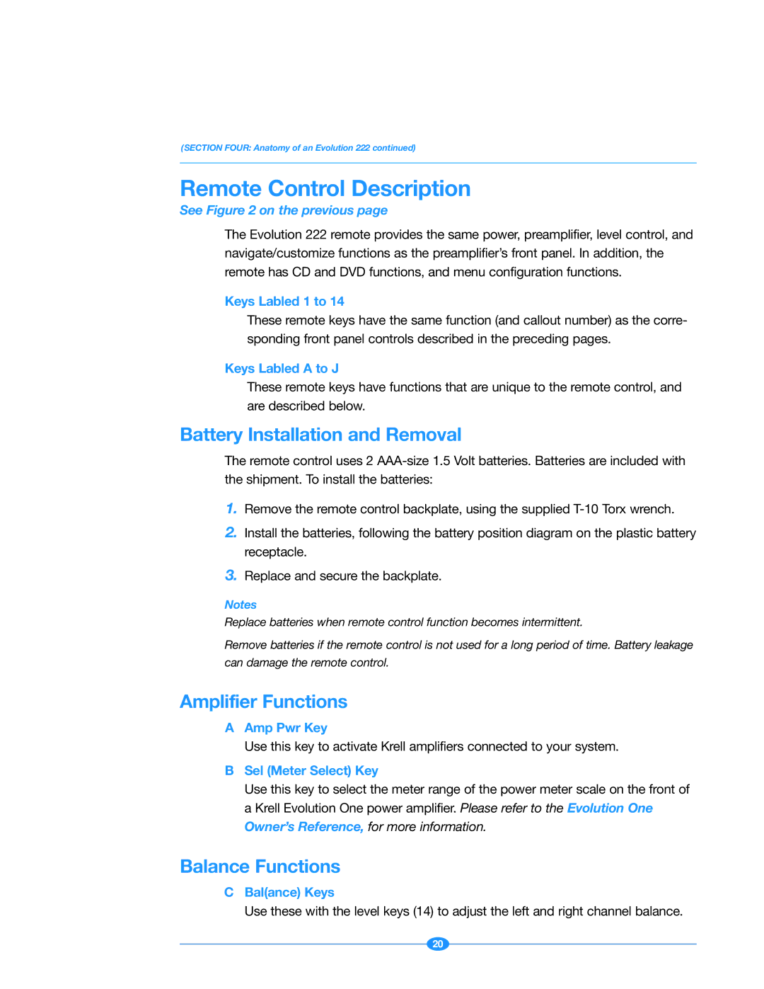 Krell Industries 222 Remote Control Description, Battery Installation and Removal, Amplifier Functions, Balance Functions 