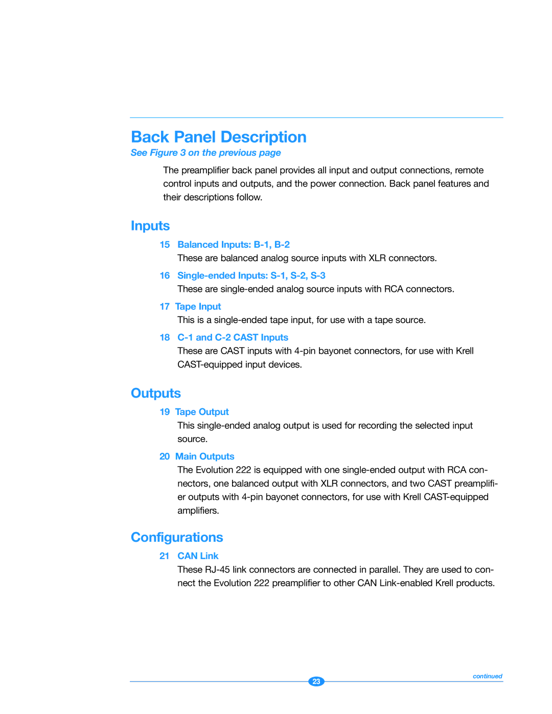 Krell Industries 222 manual Back Panel Description, Inputs, Outputs, Configurations 