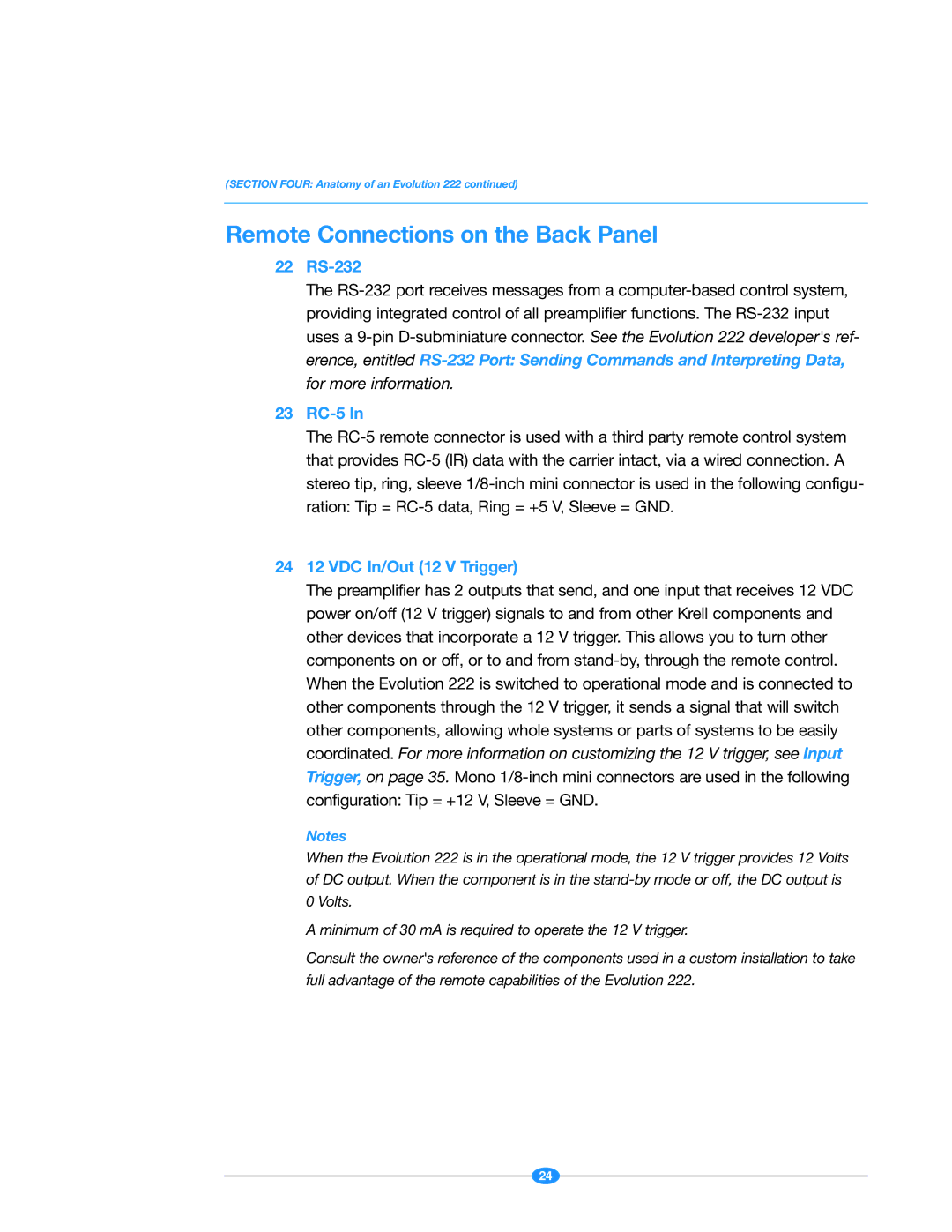 Krell Industries 222 manual Remote Connections on the Back Panel, 22 RS-232, 23 RC-5, 24 12 VDC In/Out 12 V Trigger 