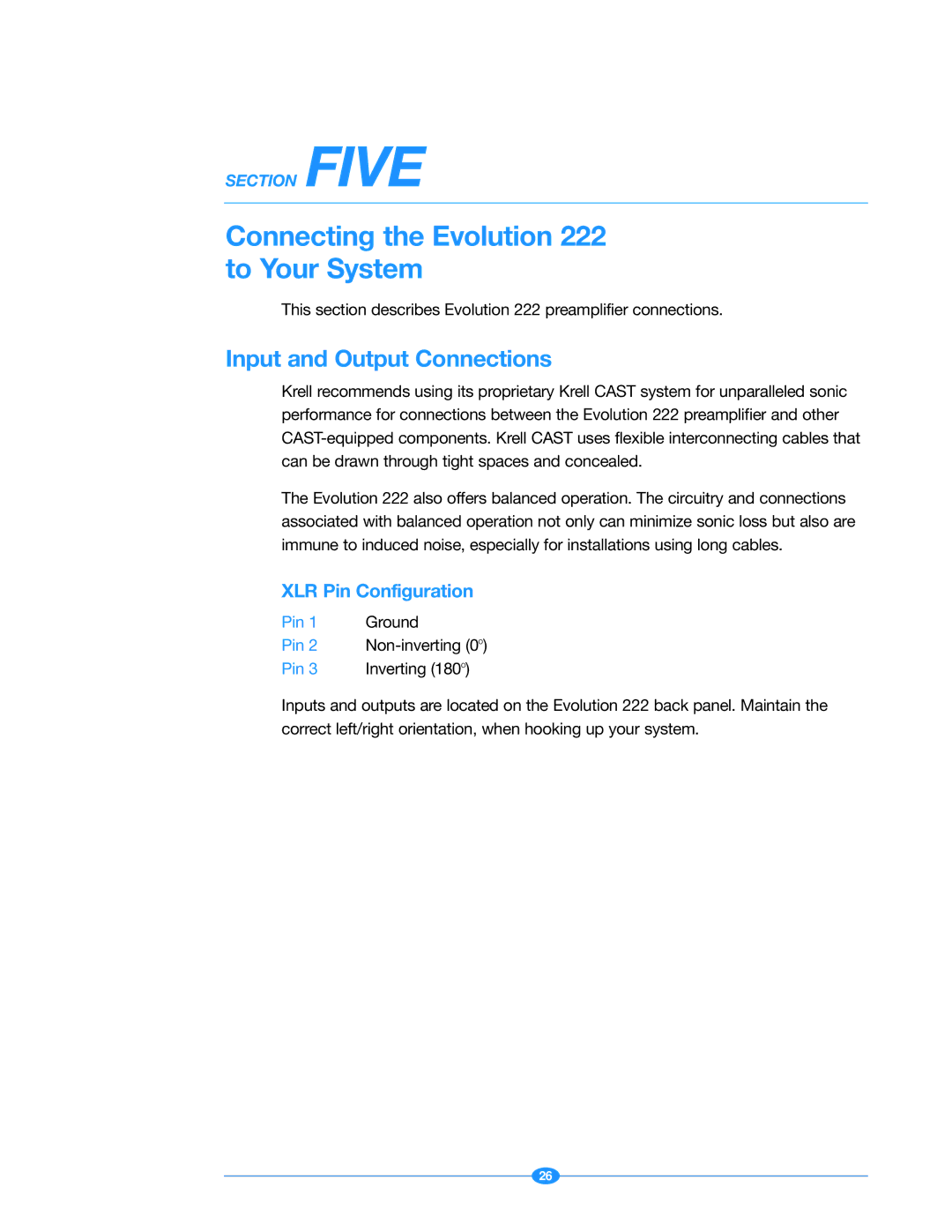 Krell Industries manual Connecting the Evolution 222 to Your System, Input and Output Connections, XLR Pin Configuration 