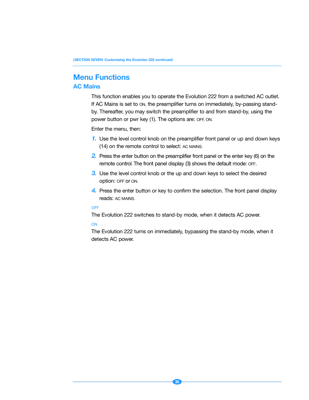 Krell Industries 222 manual Menu Functions, AC Mains 