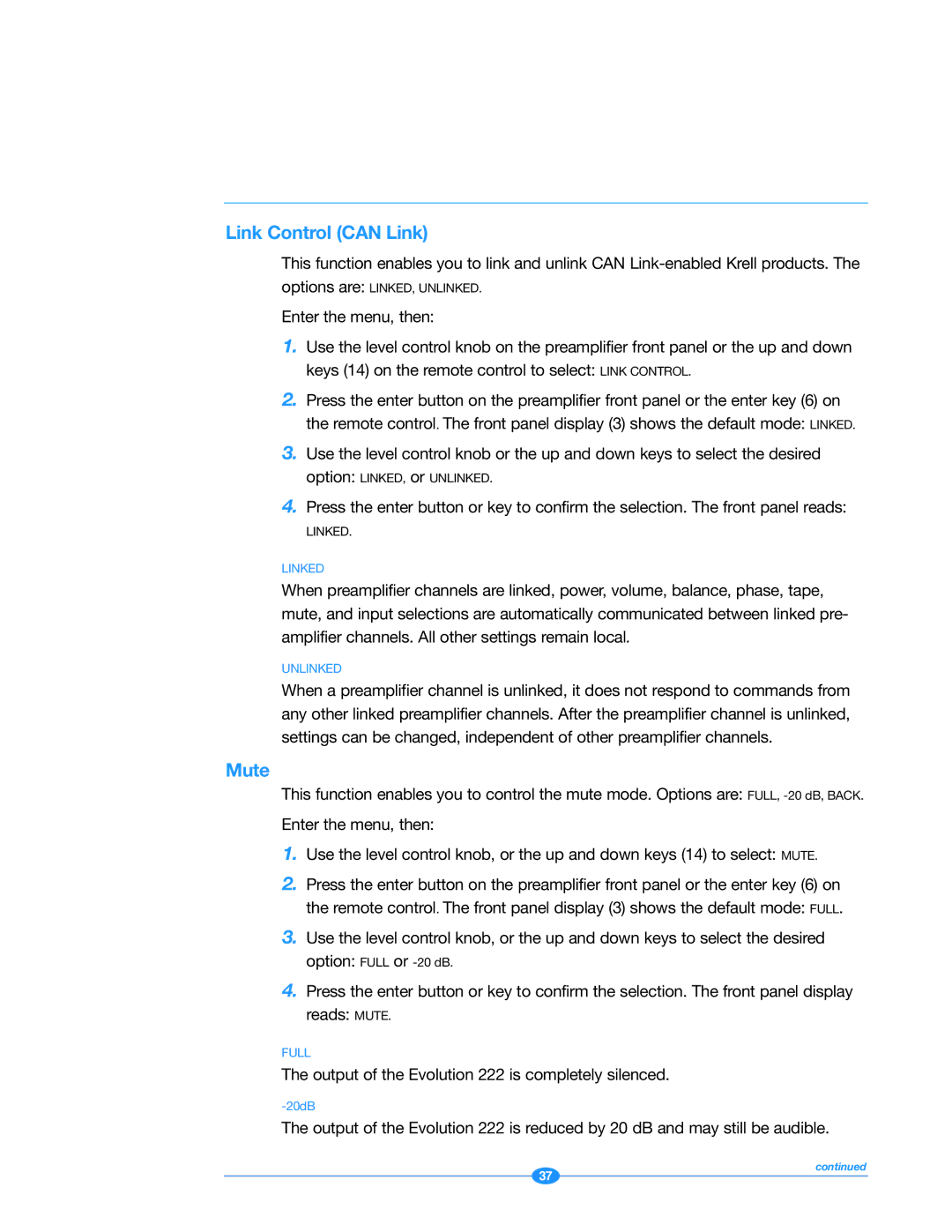 Krell Industries 222 manual Link Control can Link, Mute 