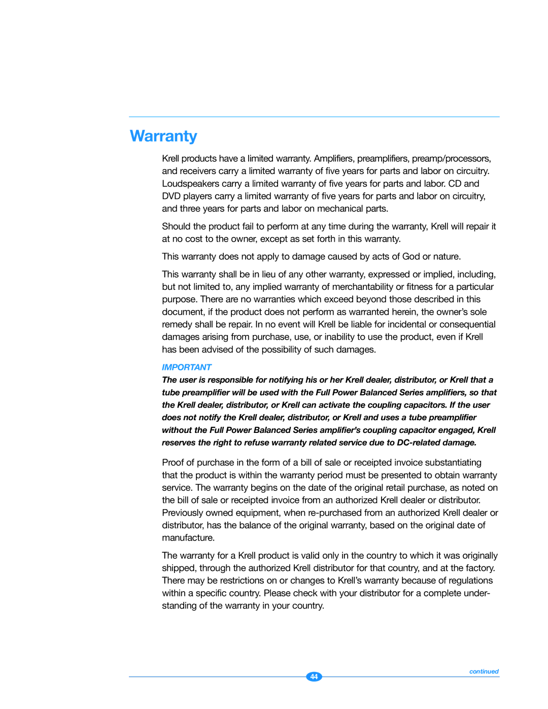 Krell Industries 222 manual Warranty 