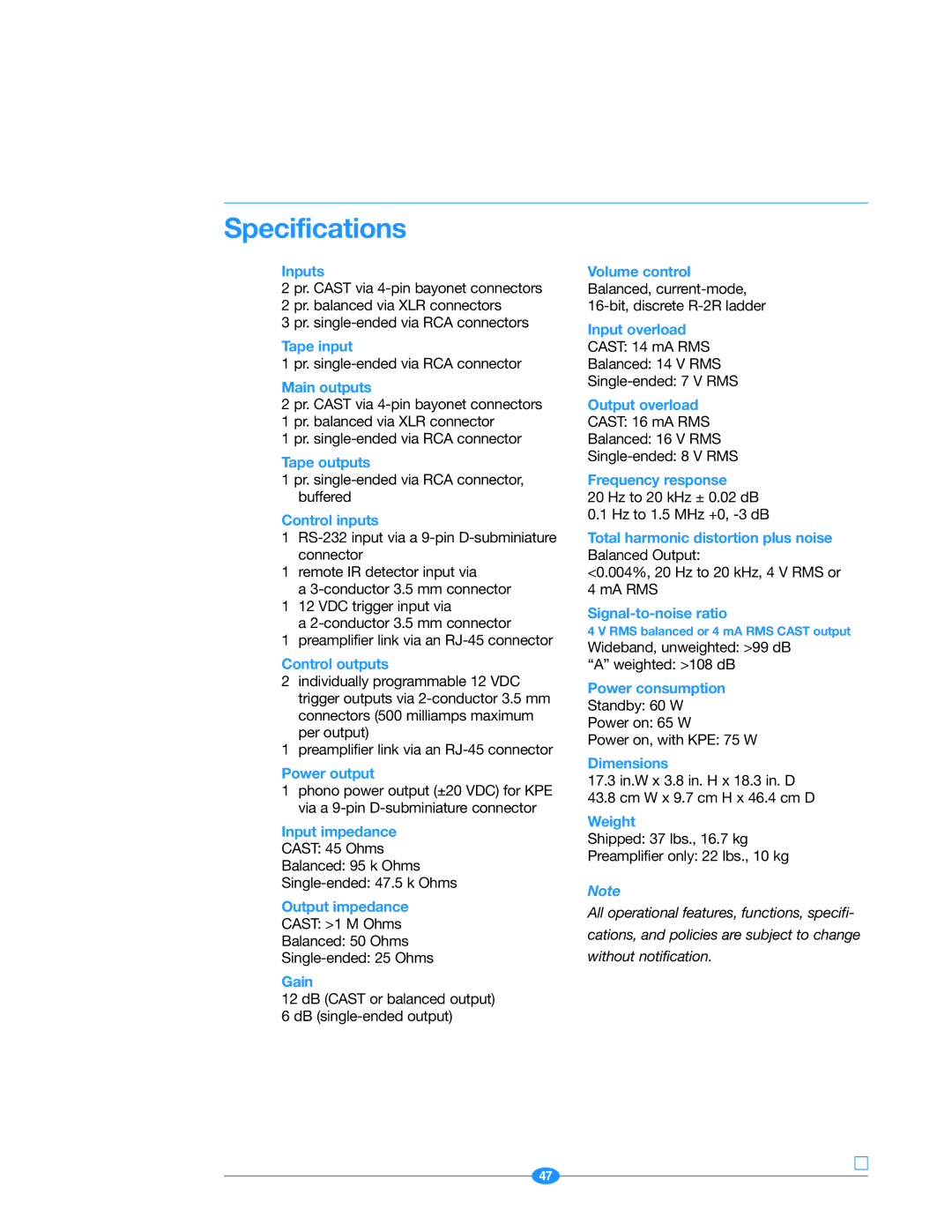 Krell Industries 222 manual Specifications, Inputs 