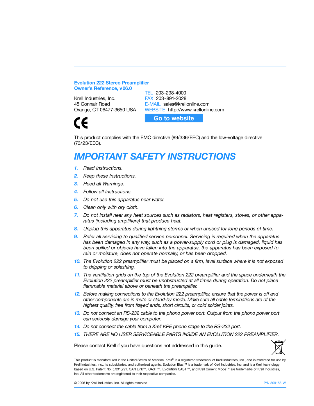 Krell Industries 222 manual Important Safety Instructions, Go to website 
