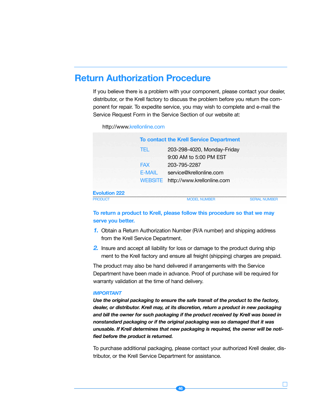 Krell Industries 222 manual Return Authorization Procedure, To contact the Krell Service Department, E-Mail, Website 