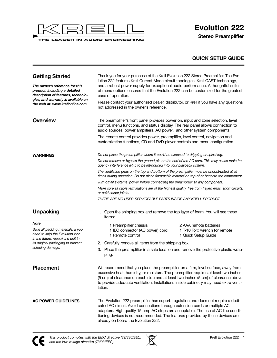 Krell Industries 309323 setup guide Getting Started Overview, Unpacking, Placement, Torx wrench for remote 