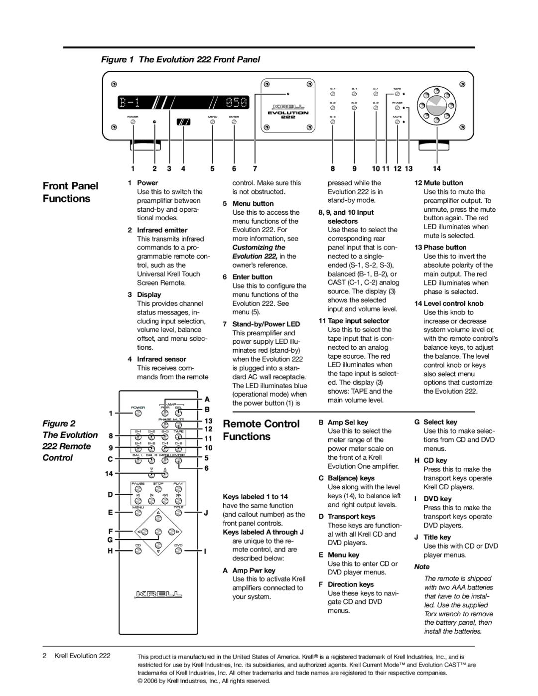 Krell Industries 309323 setup guide Front Panel Functions 