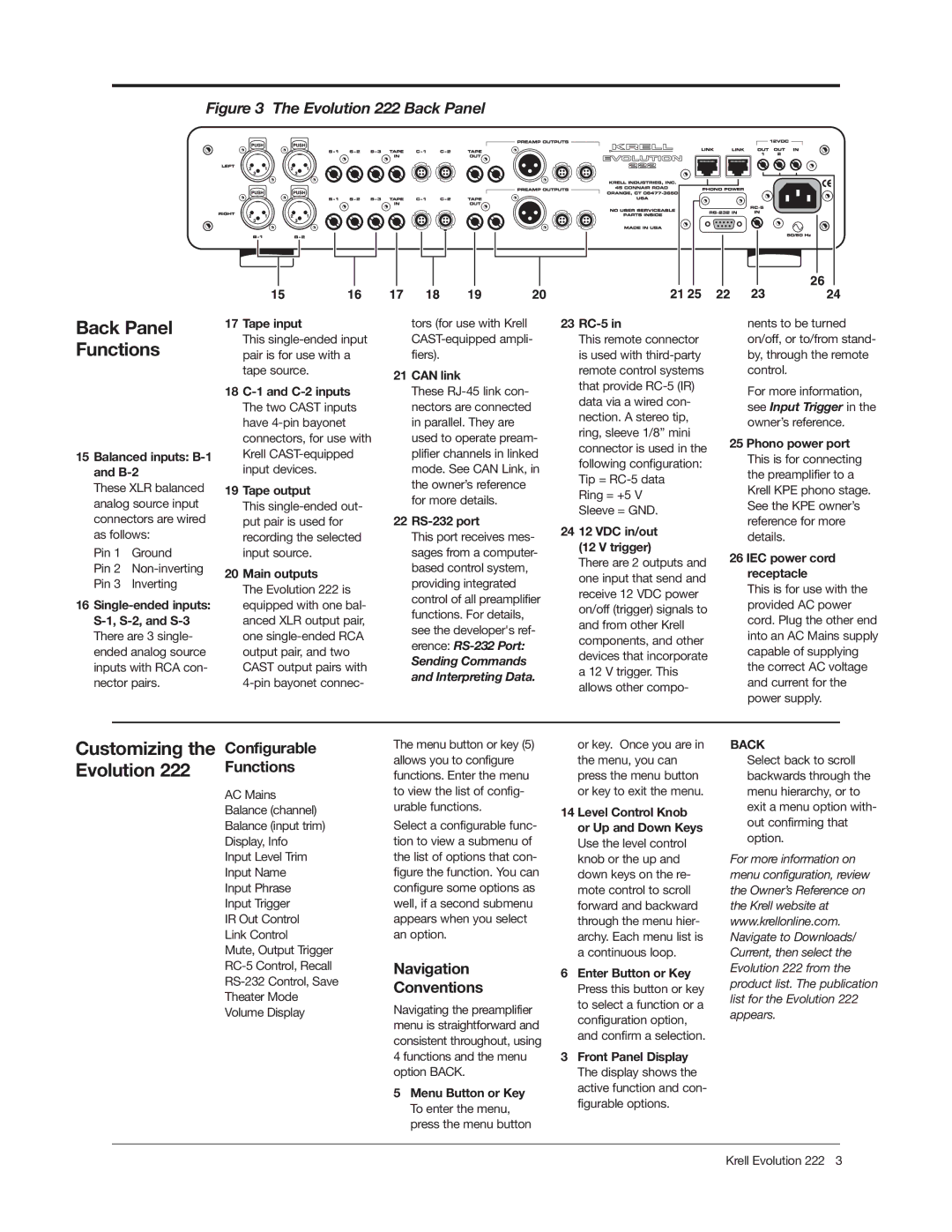 Krell Industries 309323 setup guide Back Panel Functions 