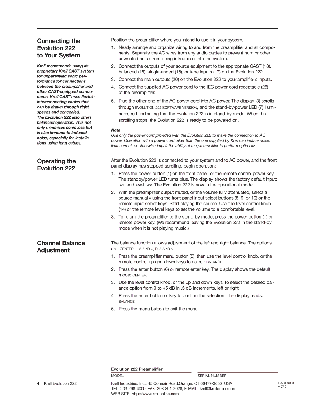 Krell Industries 309323 Connecting the Evolution 222 to Your System, Operating Evolution, Evolution 222 Preamplifier 