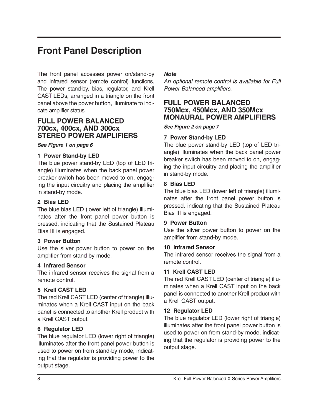 Krell Industries 400cx, 350Mcx, 450Mcx, 700cx Front Panel Description, Stereo Power Amplifiers, Monaural Power Amplifiers 