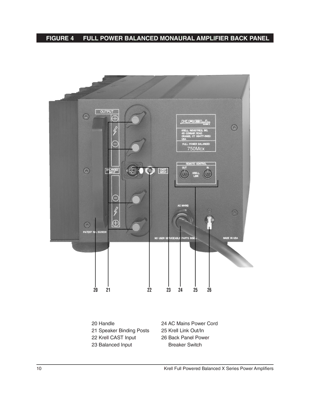 Krell Industries 700cx, 400cx, 300cx, 750Mcx, 450Mcx, 350Mcx manual Full Power Balanced Monaural Amplifier Back Panel 