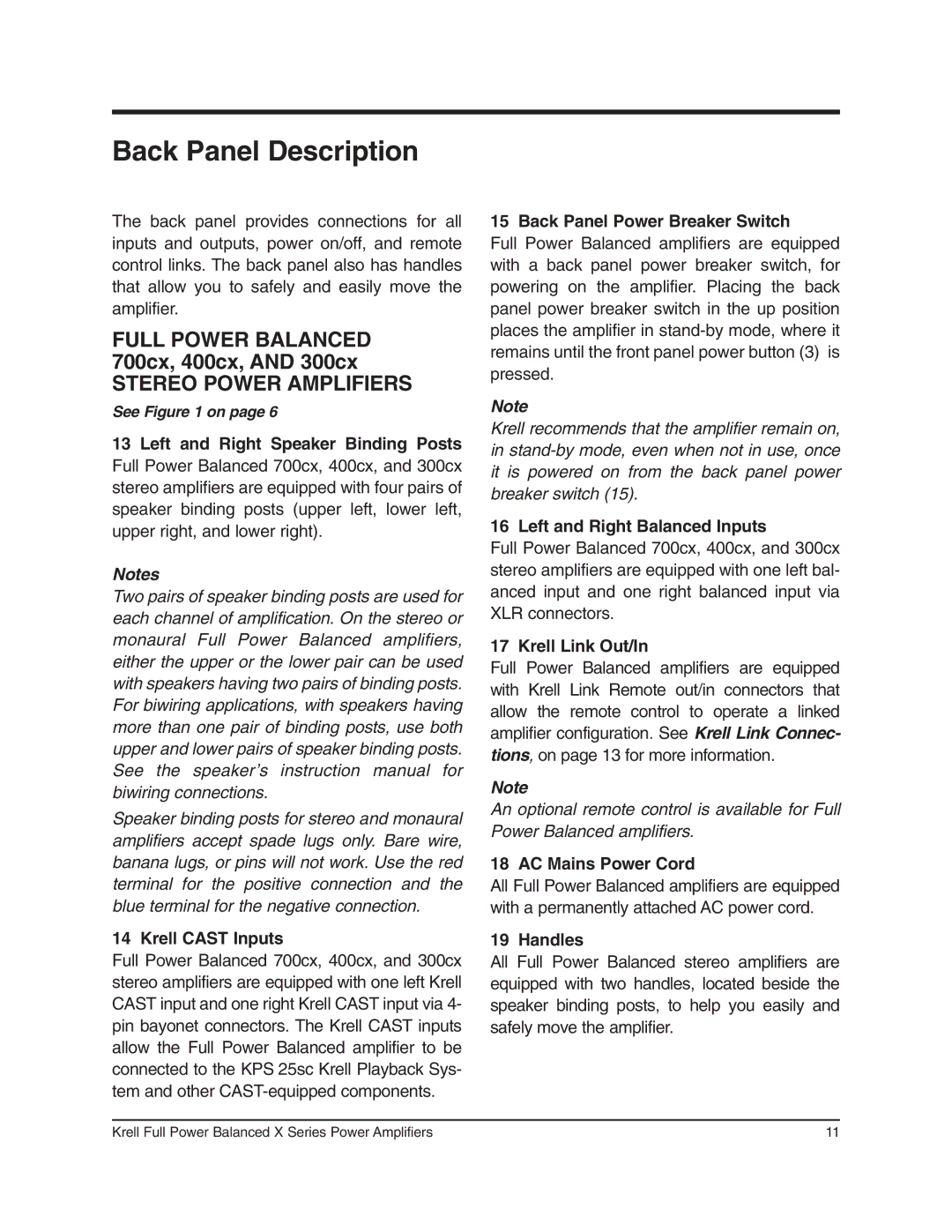 Krell Industries 700cx, 400cx, 300cx, 750Mcx, 450Mcx, 350Mcx manual Back Panel Description 