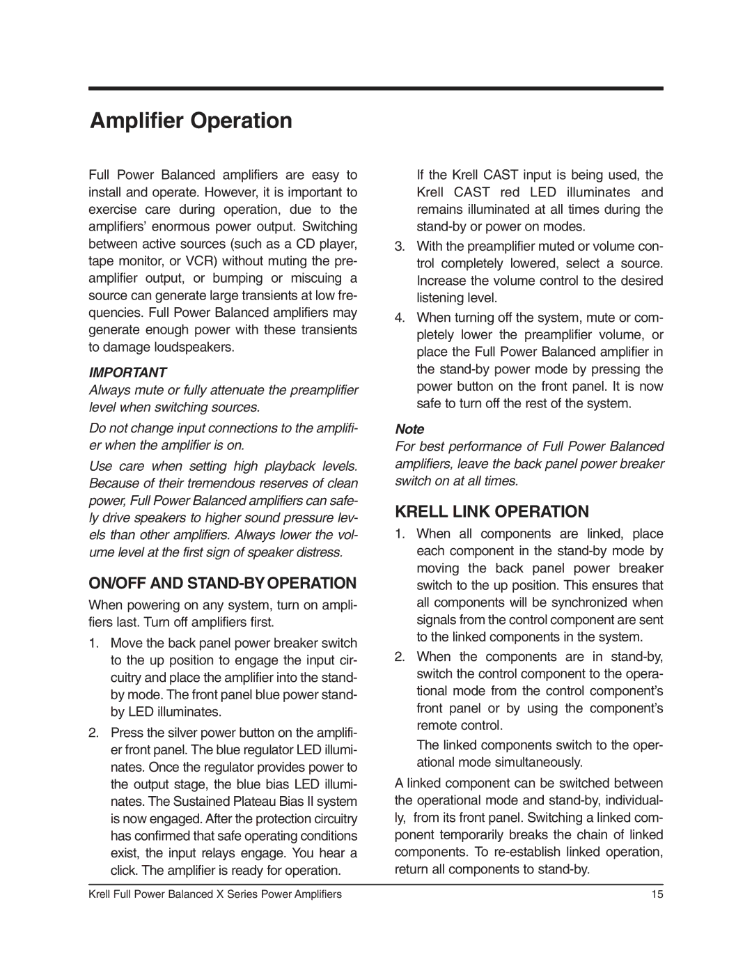 Krell Industries 700cx, 400cx, 300cx, 750Mcx, 450Mcx, 350Mcx manual Amplifier Operation, Krell Link Operation 
