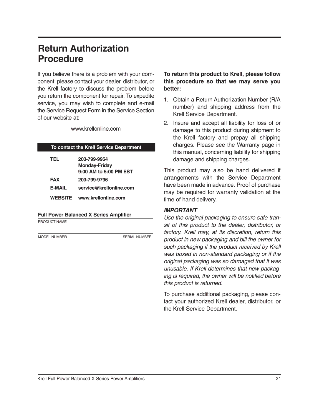 Krell Industries 700cx, 400cx, 300cx, 750Mcx, 450Mcx, 350Mcx manual Return Authorization Procedure 