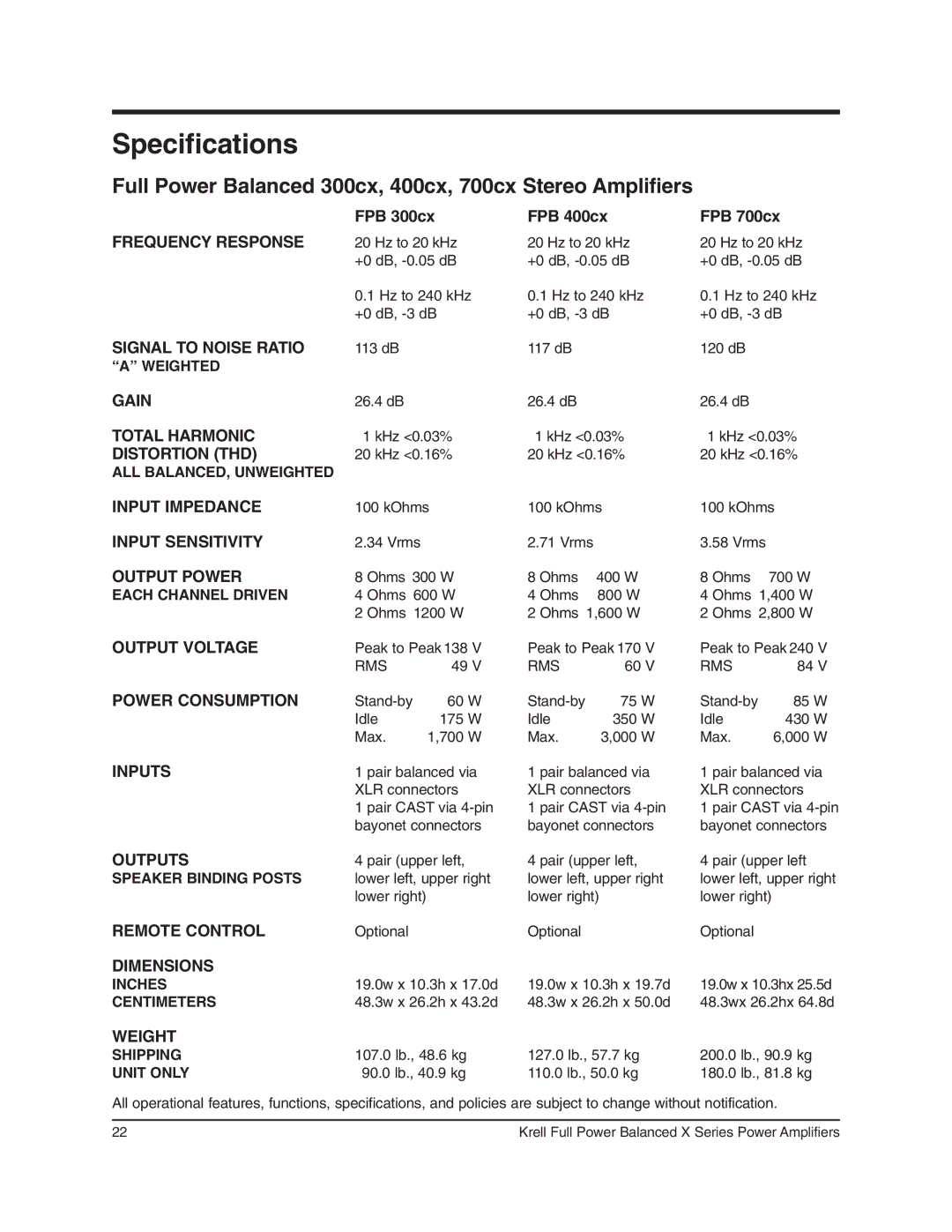 Krell Industries 450Mcx, 350Mcx manual Specifications, Full Power Balanced 300cx, 400cx, 700cx Stereo Amplifiers 
